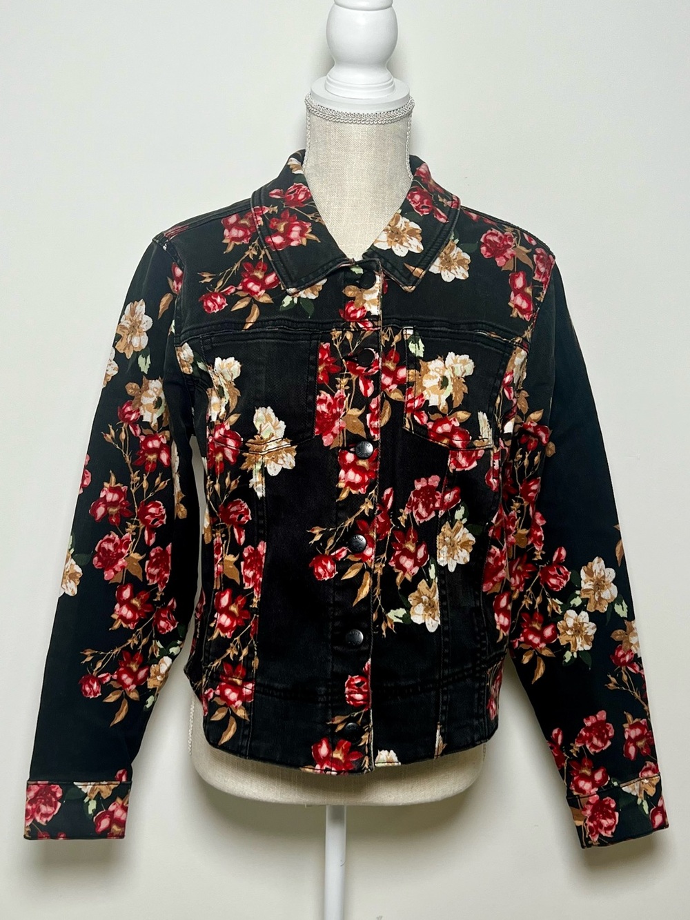 VENUS Black Floral Denim Jacket with Red & Cream Blooms